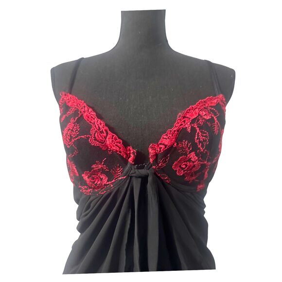 Y2K Vintage M Black & Red Floral Lace Whimsygoth Coquette Babydoll Lingerie Top - Picture 3 of 6